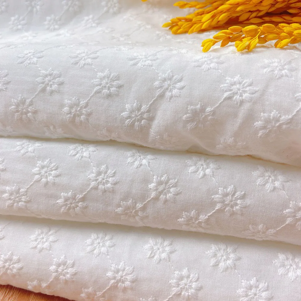 130cm Wide Soft Thin White Embroidered Pure Cotton Fabrics For Sewing Girl Costume Dress Shirts Quilting Cloth Materials Curtain