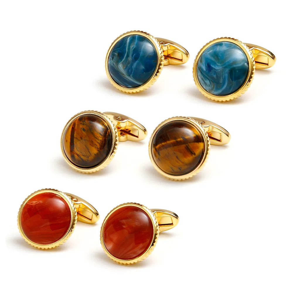 Vintage Antique Gold Natural Stone Cufflinks Round Gemstone Cufflinks for Men Business Attire Suits Wedding Accessories Gifts