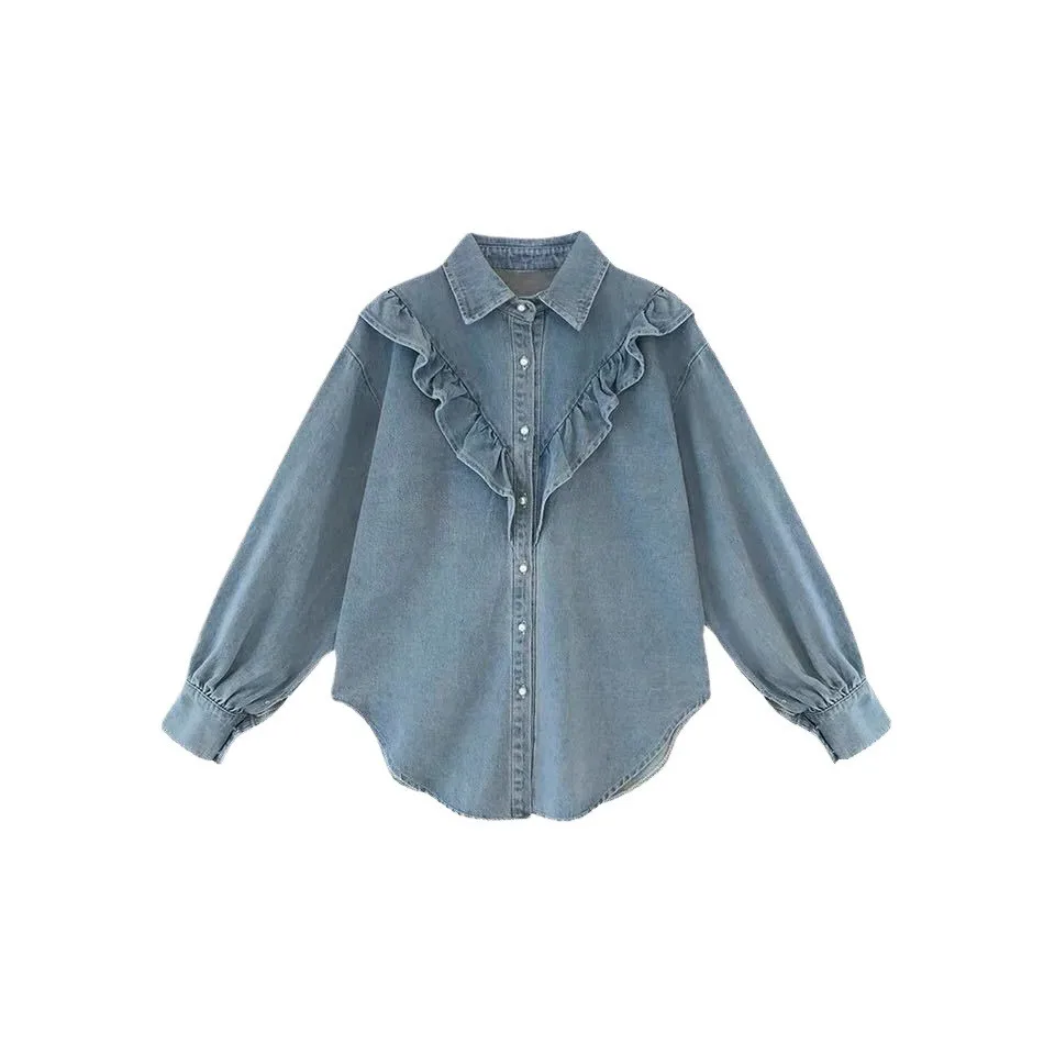 

Women's Denim Shirt Blouse Top Long Sleeve Ruffle Button Down Casual Loose Fit Spring Autumn Fashion Lady Wear For Women