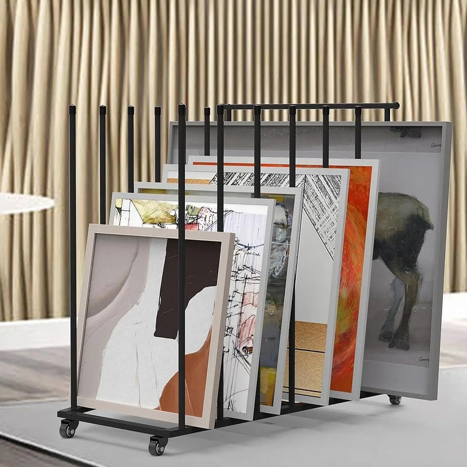 Carton Storage Rack with 360° Swivel Casters Minimalist Mobile Art Board Storage Trolley with High Side Rails for Home Shelf