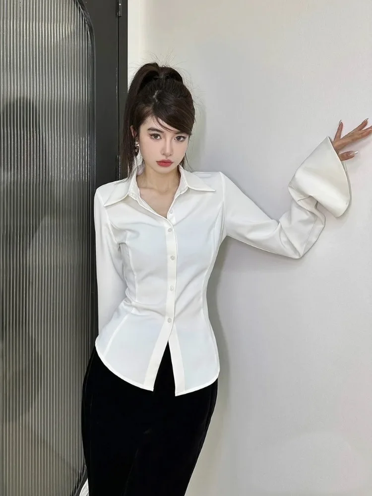 

Flare Sleeve Shirts Women Tunic Design Spring Fall Korean Style Fashion Solid All-match Temperament Turn Down Collar Casual Tops