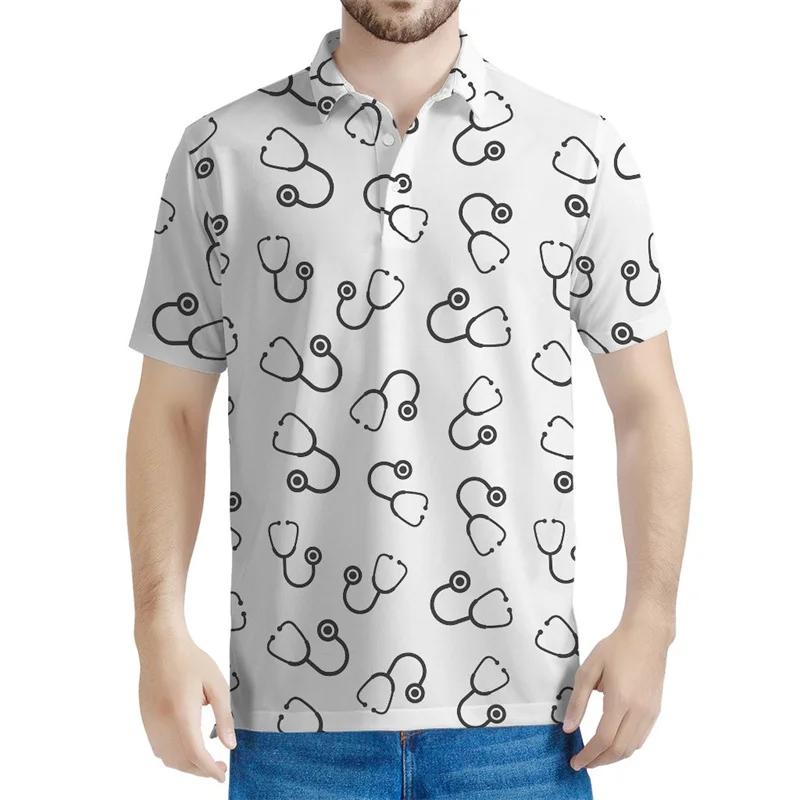 Cartoon Stethoskop 3d gedruckt Polos hirt Sommer lose Knopf Polos hirts für Männer Kleidung Straße Kurzarm Urlaub Tops