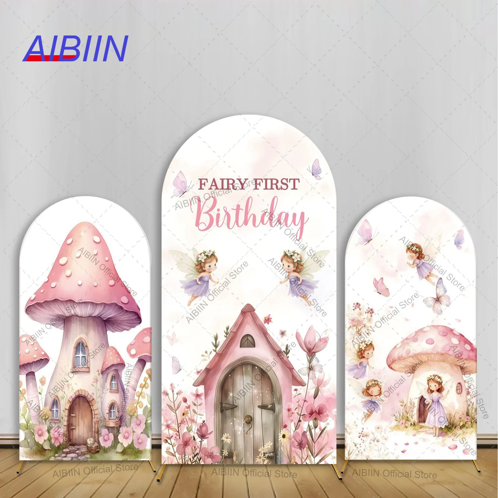 Hada primer cumpleaños arco telón de fondo cubierta seta casa puerta mariposa Hada Rosa Floral niños pastel fiesta decoración fondo