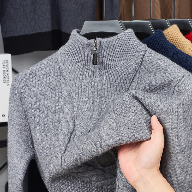 

Мужской шерстяной свитер, пуловер с высоким воротником и половиной молнии, утолщенная зимняя одежда для папы, внутренняя одежда, базовый слой