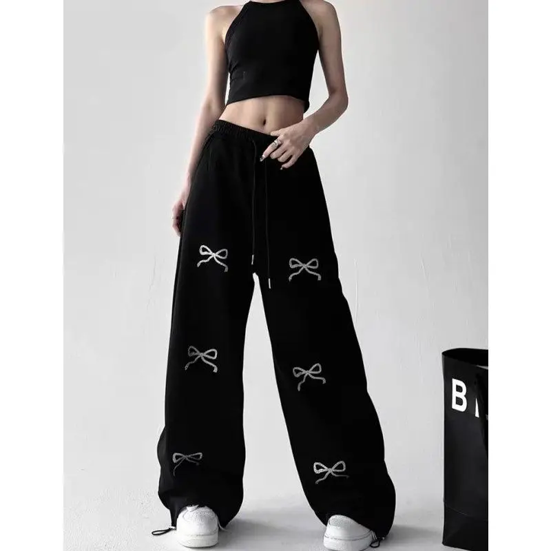 الرجعية عالية الخصر Sweatpants غير رسمية ربطة القوس فيونكة طباعة واسعة الساق السراويل الإناث الرباط السراويل Widcasual الهيب هوب الرقص الشارع الشهير