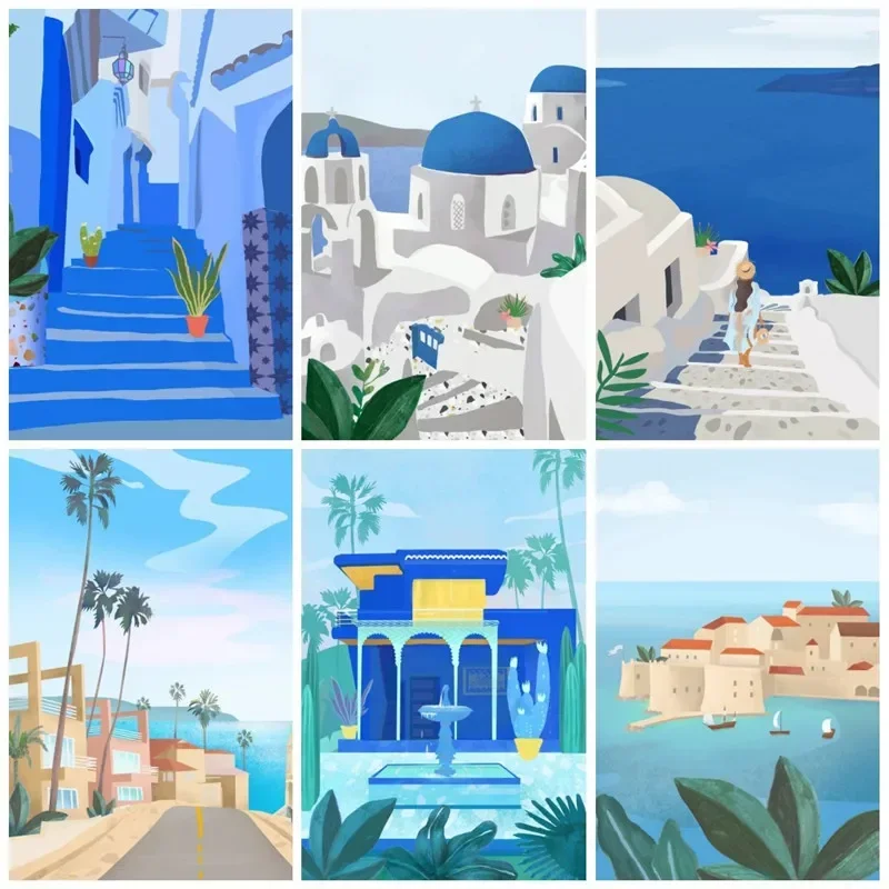 Morocco Barcelona Santorini Blue City Poster Girl Canvas Painting Travel Landscape Wall Art Living Room Decoration Home Decor