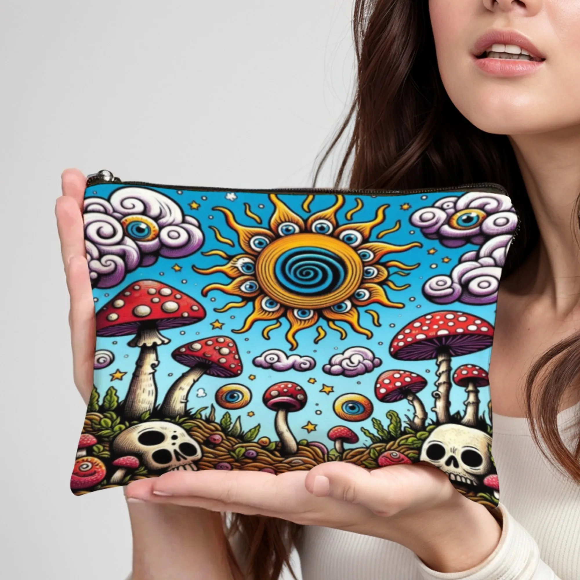 

Artistic Psychedelic Sun Mushroom & Skull Makeup Bag Large-Capacity Cosmetic Bag Portable Storage Bag Travel Makeup Pouch