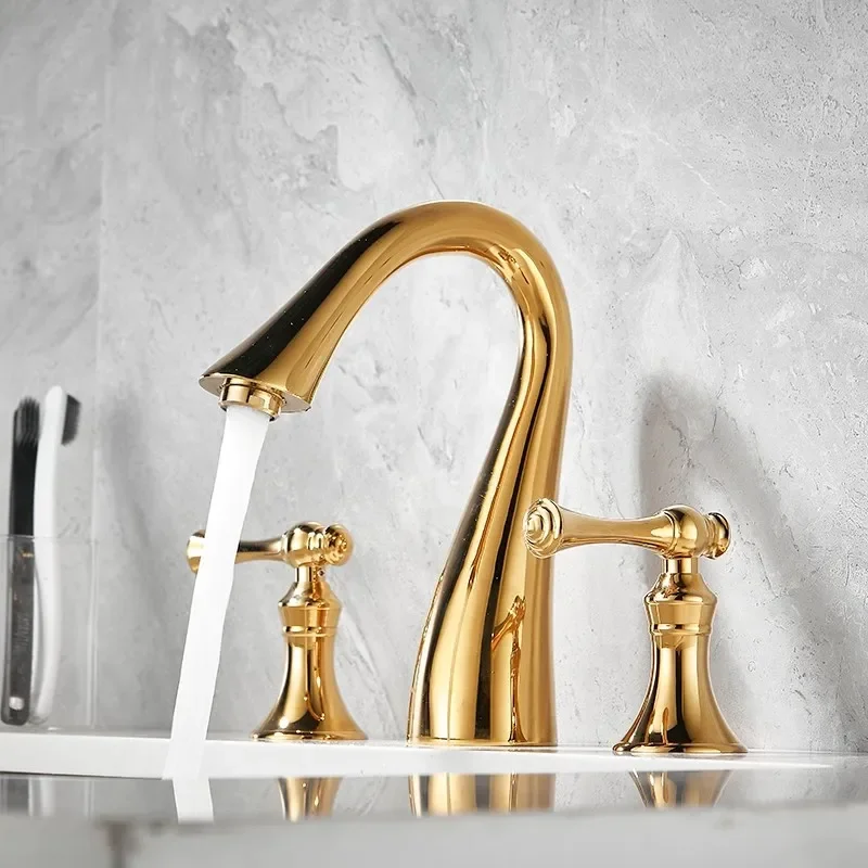 

Luxury Basin Faucets Brass Gold Bathroom Widespread Sink 3 Hole Hot And Cold Sink Water Tap