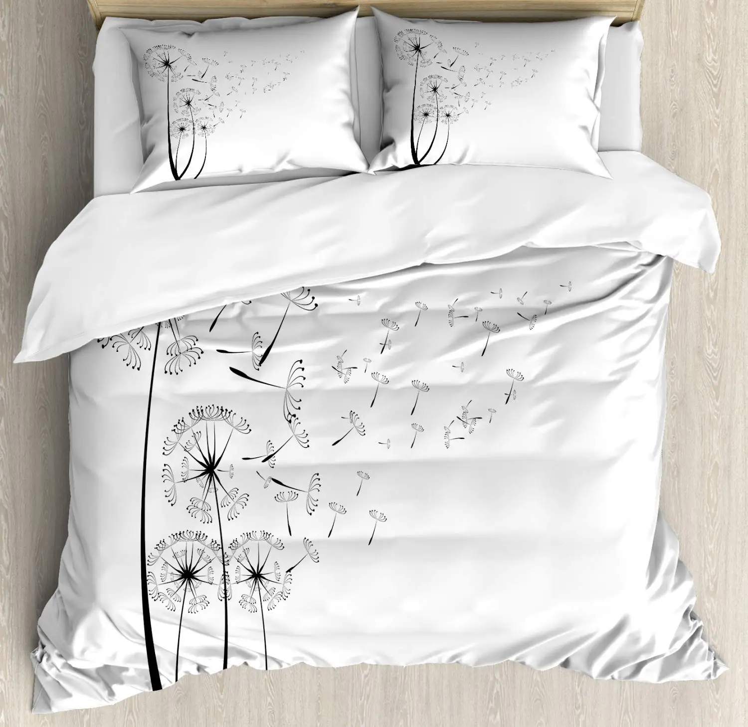 Dandelion Duvet Cover Set, Dandelions Blowing in The Wind Fluffy Flower Decor 3 Piece Bedding Set with 2 Pillow Shams, Full Size