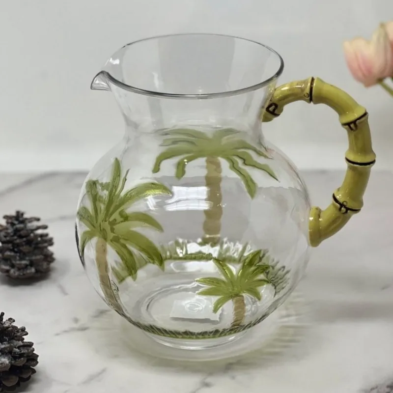 

3 Quarts Water Pitcher Palm Tree Design Unbreakable Plastic Drink Juice Pitcher with Lid Spout Home Bar Party Kitchen