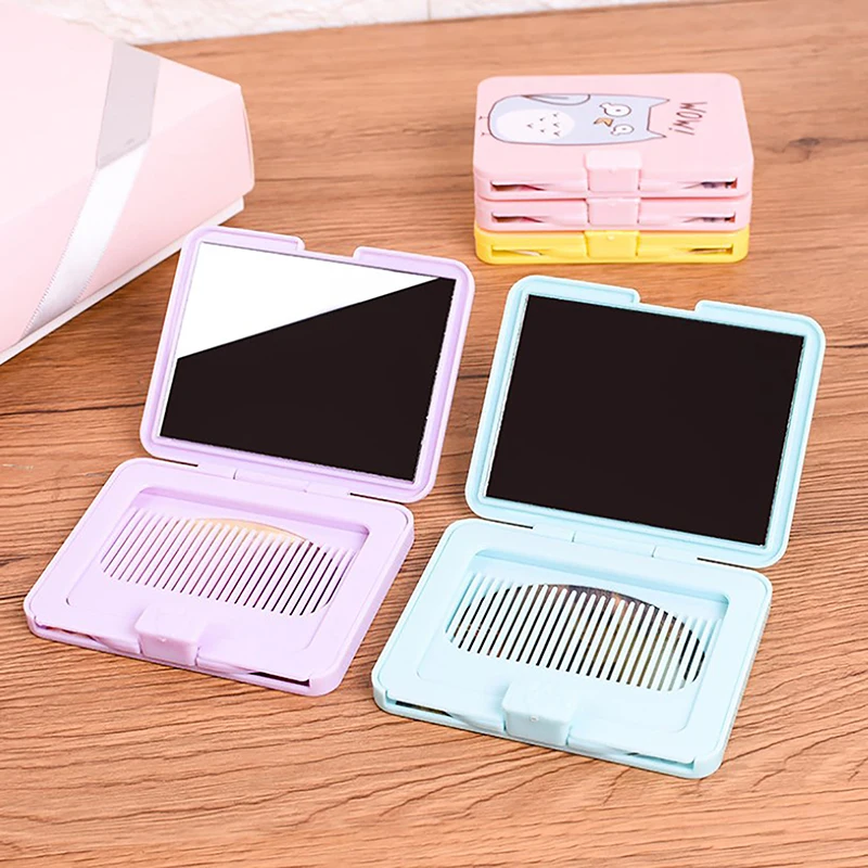 

1pc Portable Folding Makeup Mirror With Comb Student Cute Cartoon Hair Brush Square Cosmetic Mirrors Set Small Random Color