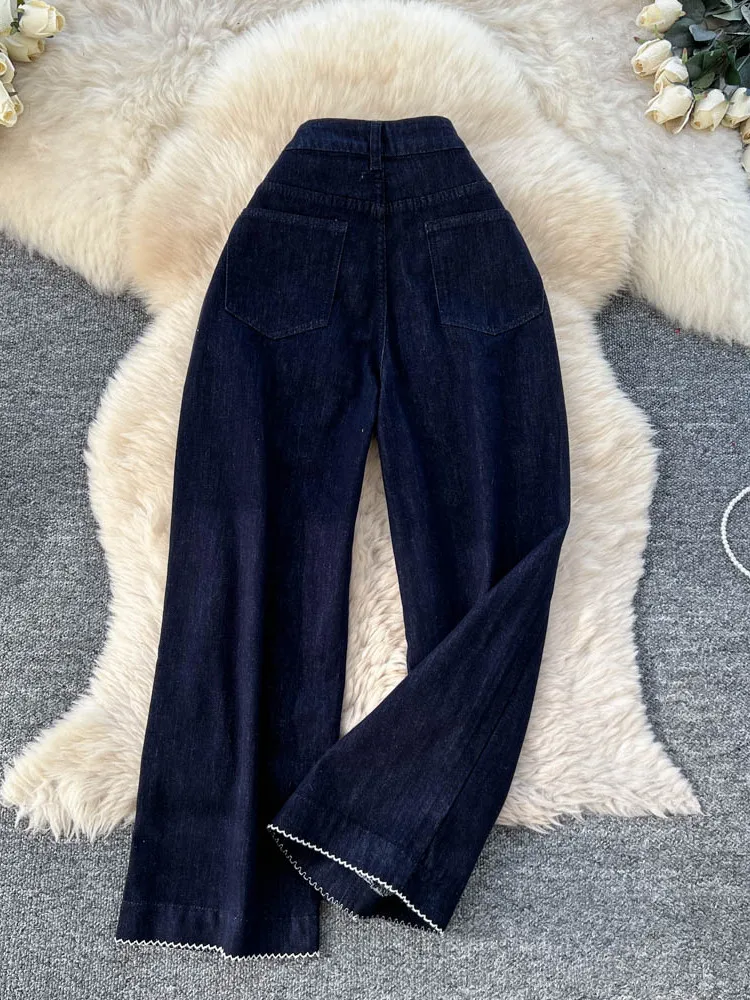 Casual cintura alta perna larga denim jeans feminino outono solto em linha reta costurado design de renda calças de emagrecimento fadable todos os jogos