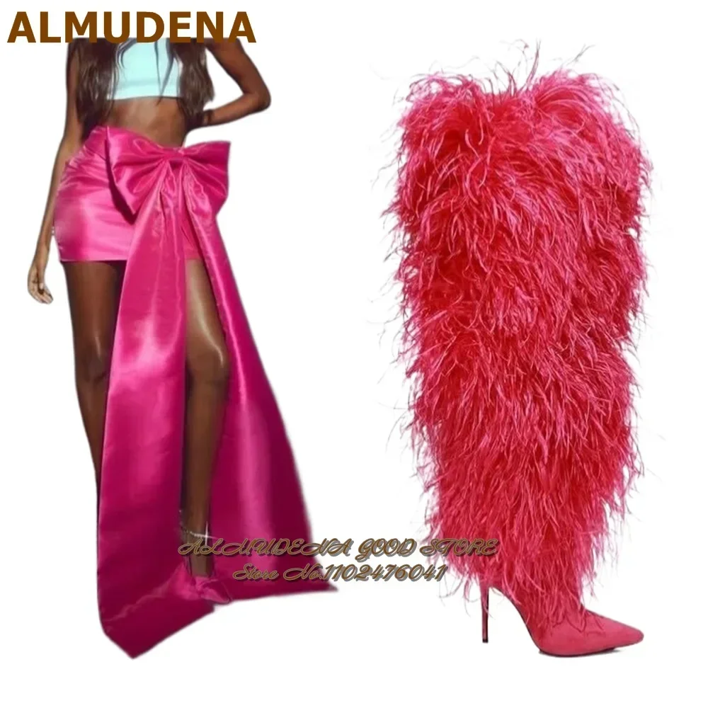 ALMUDENA Watermelon Red Long Fluffy Boots Fringe Over The Knee Fur Thigh High Boots Sky High Heel Pointy Toe Plush Dress Shoes