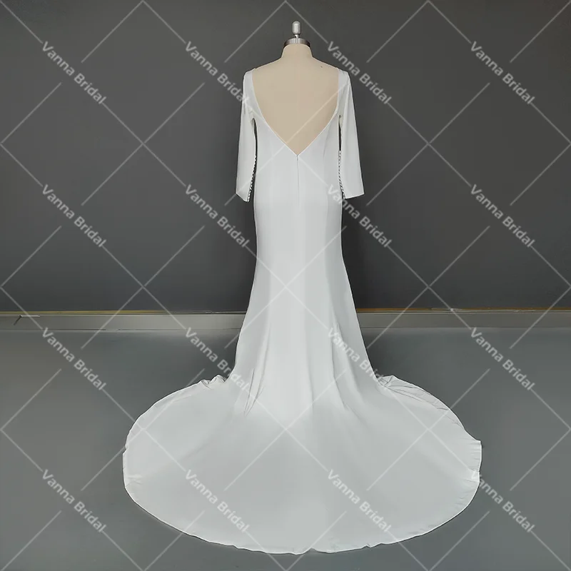 Vestido de novia sencillo de sirena, prenda de novia con mangas largas ajustadas y Espalda descubierta, con botones de marfil