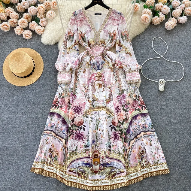 Robe longue de Style Court français, imprimé rétro, col en v, manches à bulles, coupe cintrée, haut de gamme, Niche, robes de soirée