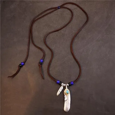المألوف الهندي الرجعية نمط ريشة الفيروز قلادة بو الجلود حبل قلادة الرجال والنساء تصميم سلسلة الترقوة #1