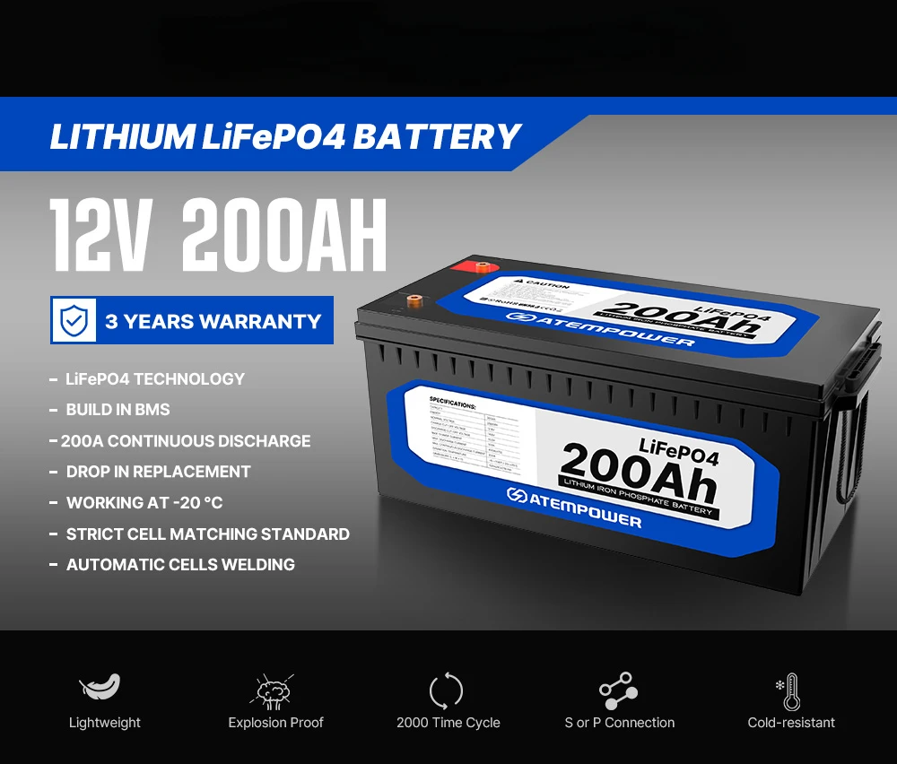 Deep Cycle BMS RV Marine Solar Rechargeable 12V 200Ah LiFePO4 Lithium Iron Battery