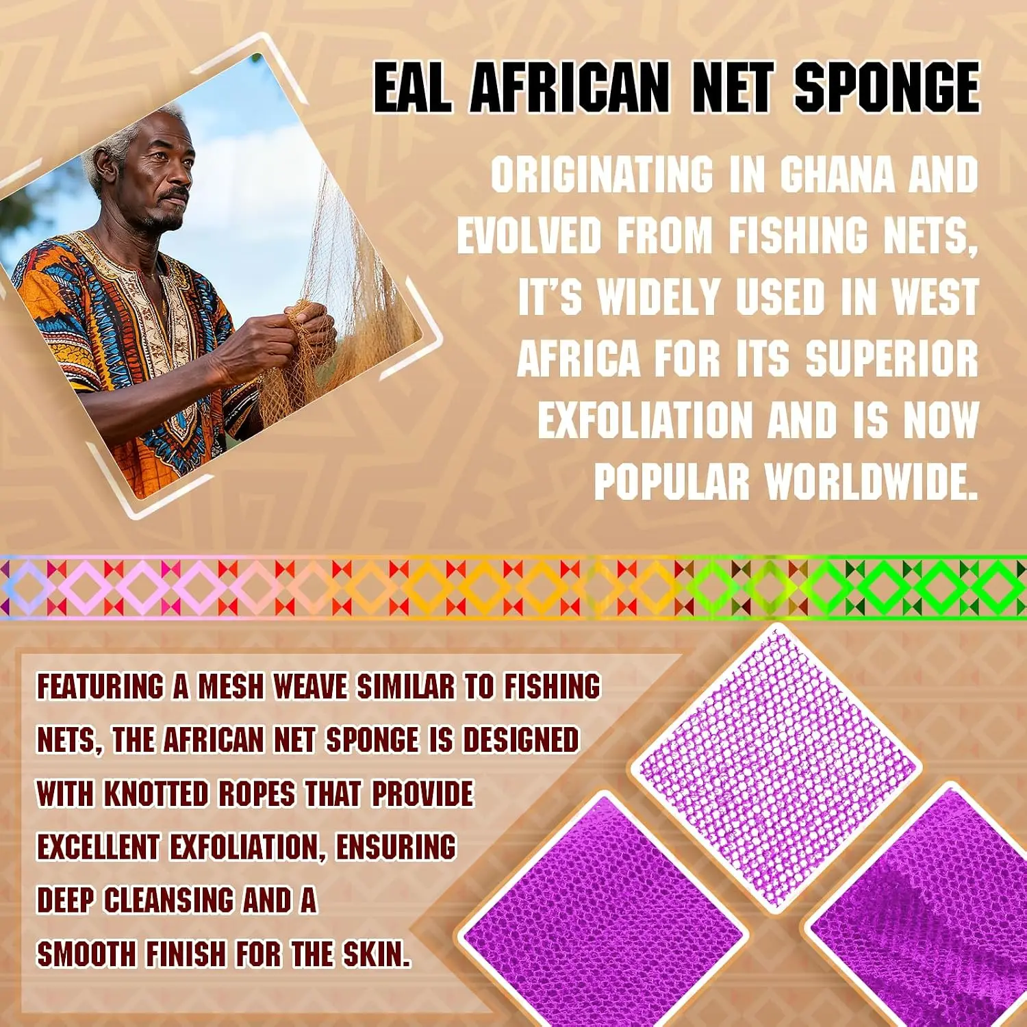 African Bath Sponge 4 Pieces - Net Exfoliator for Glowing Skin, Long-Lasting Nylon Mesh Scrubber, Gentle Enough for Daily Use (Yellow, Purple, Orange, Green) view 6