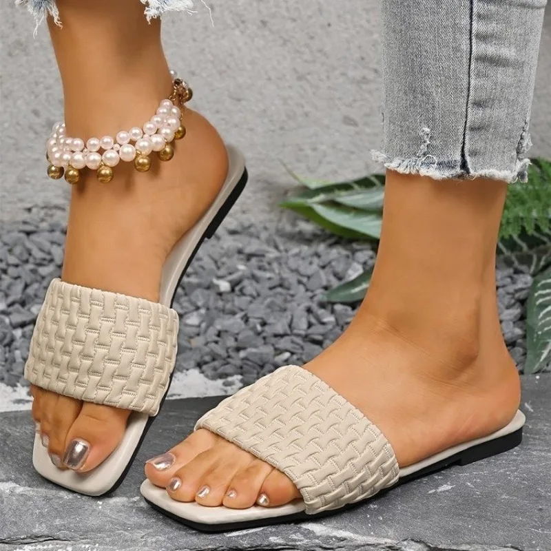 

Women Slippers Summer Fashion Beach Mules Casual Indoor Home Slippers Selling Sexy Braided Square Toe Flat Sandals Slides Women