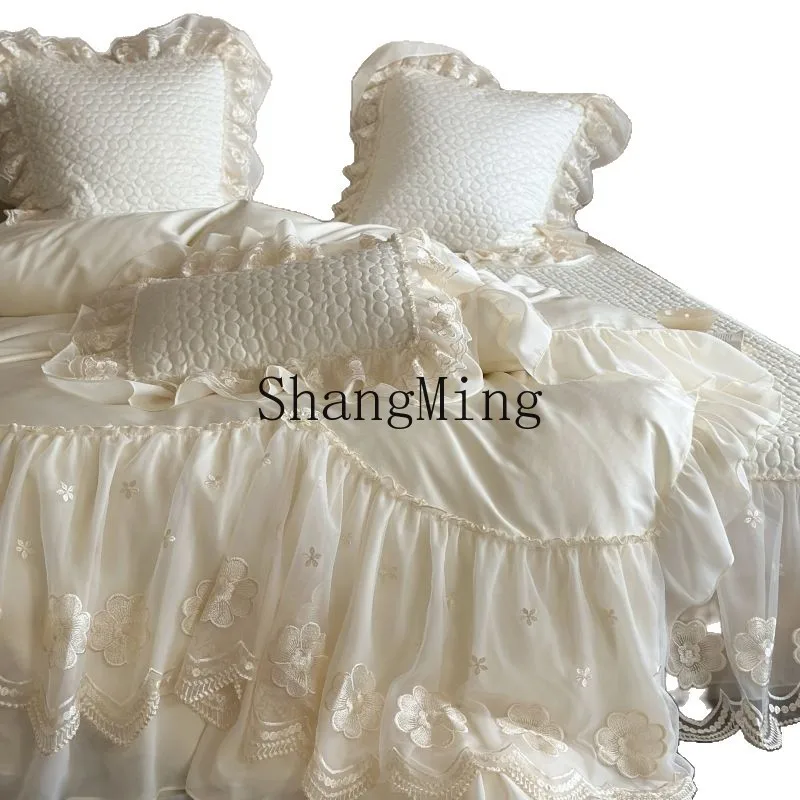 

PYH girl's heart pure cotton four-piece set, high-grade lace lace cotton quilt cover, bed skirt, bedding