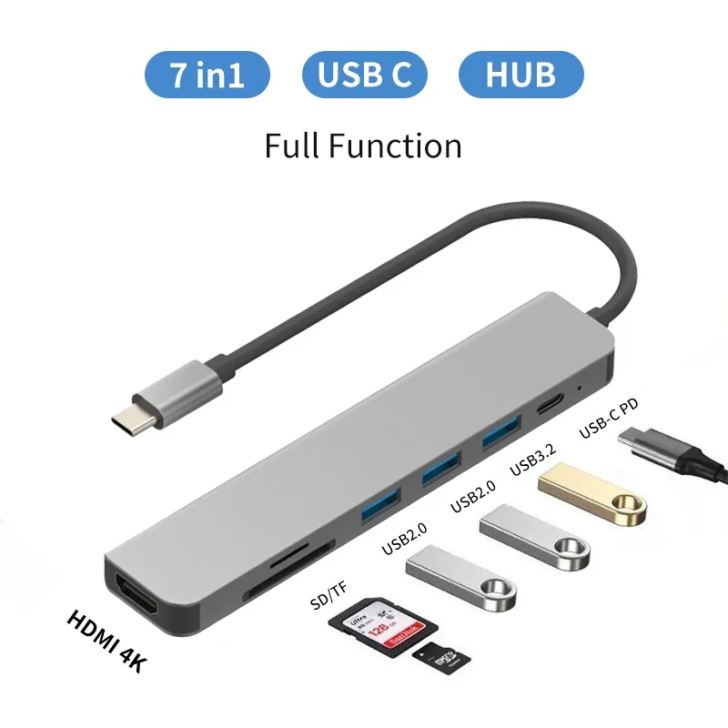 

7 in 1 USB C Hub TYPE C TO HDMI Type C to 4K HDMI Adapter with RJ45 SD/TF Card Reader Fast Charger For Notebook Laptop