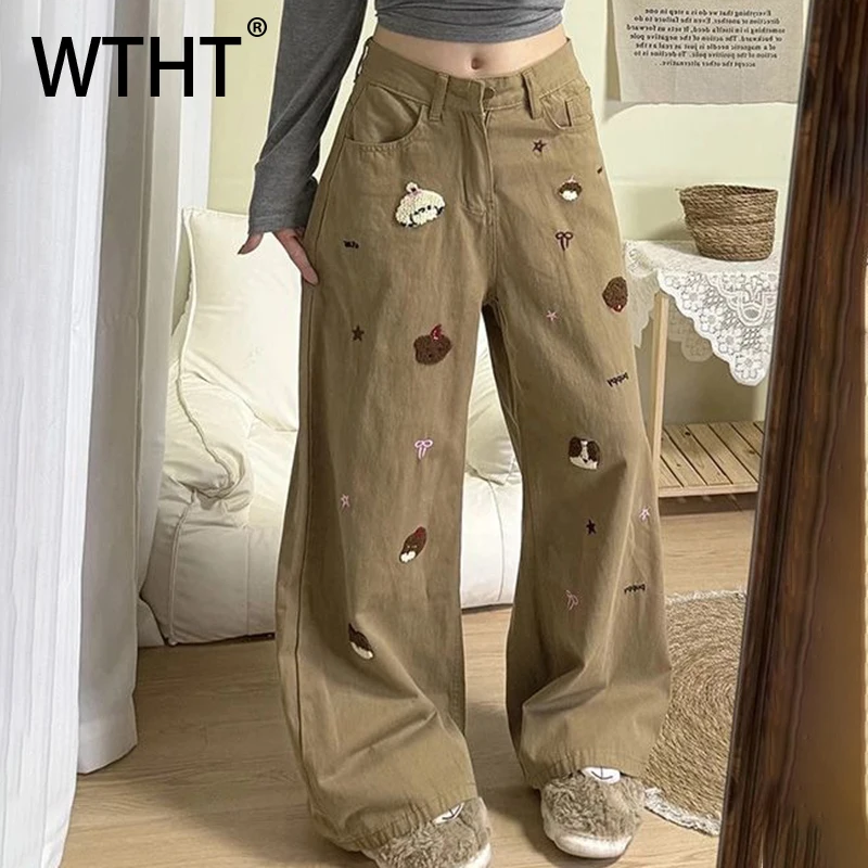 

Мужские джинсы WTHT с мультяшной вышивкой, свободные, винтажные, с высокой талией, широкие штанины, весна 2026, модель 2A2654