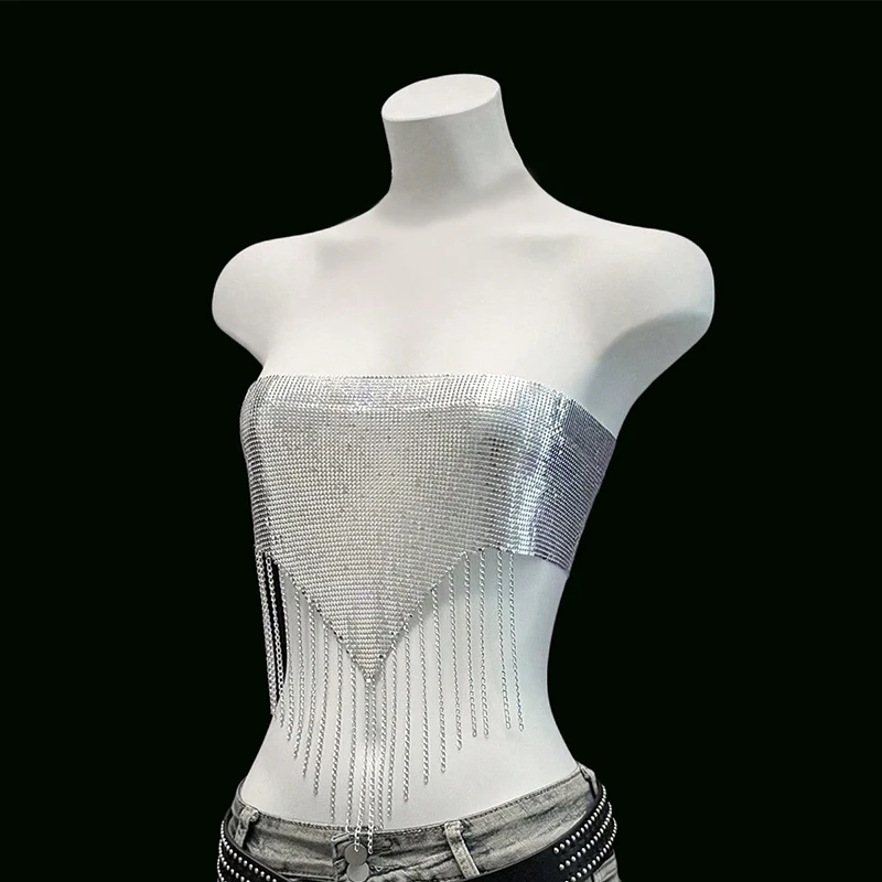 ผู้หญิงโลหะSequinsพู่Tank Topเซ็กซี่Backless Bandage Tube Tops Crop Top Rave Partyไนท์คลับCamisoleใหม่