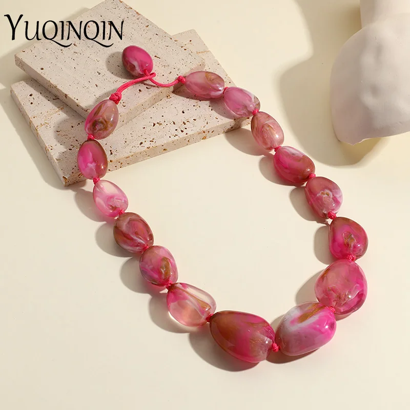 Trendy Cute Colorful Resin Beads Necklaces for Women Girl Vintage Design Beaded Chain Short Choker Necklace Simple Jewelry Party