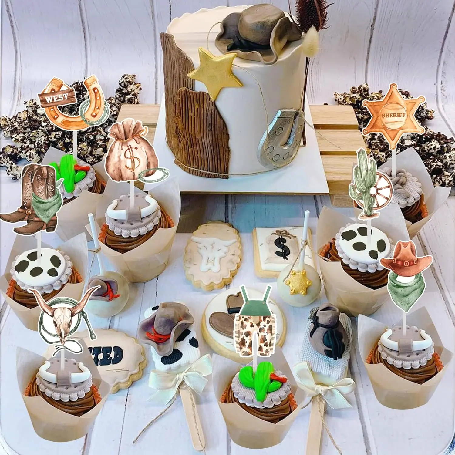 Cowboy Cupcake Toppers Cake Decorations,Western Cowgirl Theme Cupcake Toppers, Rustic Hat Boot Cupcake Birthday Party Supplies view 4