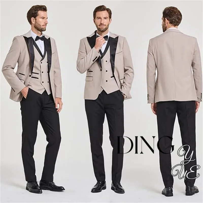 Business Men's Set 3-piece Slim Fit Groom's Dress Men's Italian Style Suit Jacket with Double Breasted Vest and Pants