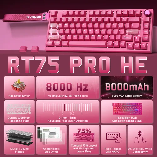 Imagen 2 del producto YUNZII RT75 PRO Teclado inalámbrico dual para juegos 8K, teclados magnéticos de efecto Hall mecánico de disparo rápido, SOCD/DKS personalizados RGB