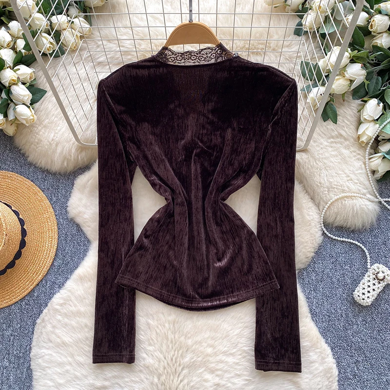 Women's Blouse French Vintage Royal V Neck Lace Patch Twist Knot Velvet Slim Workwear Spring Autumn Shirt Female Tops BL614