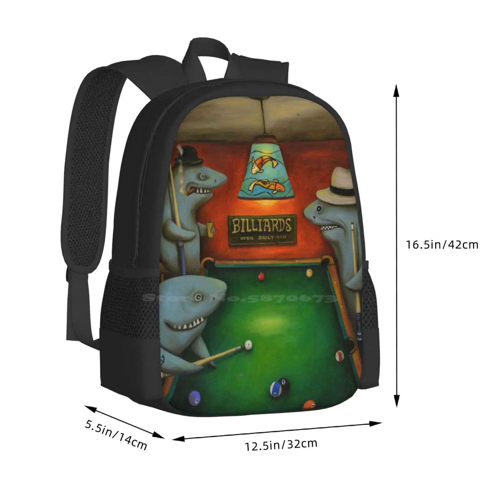 Pool Sharks Hot Sale Schoolbag Backpack Fashion Bags Sharks Billiards Game Gambling Humor Cigar Smoking Koi Goldfish Stained image 3