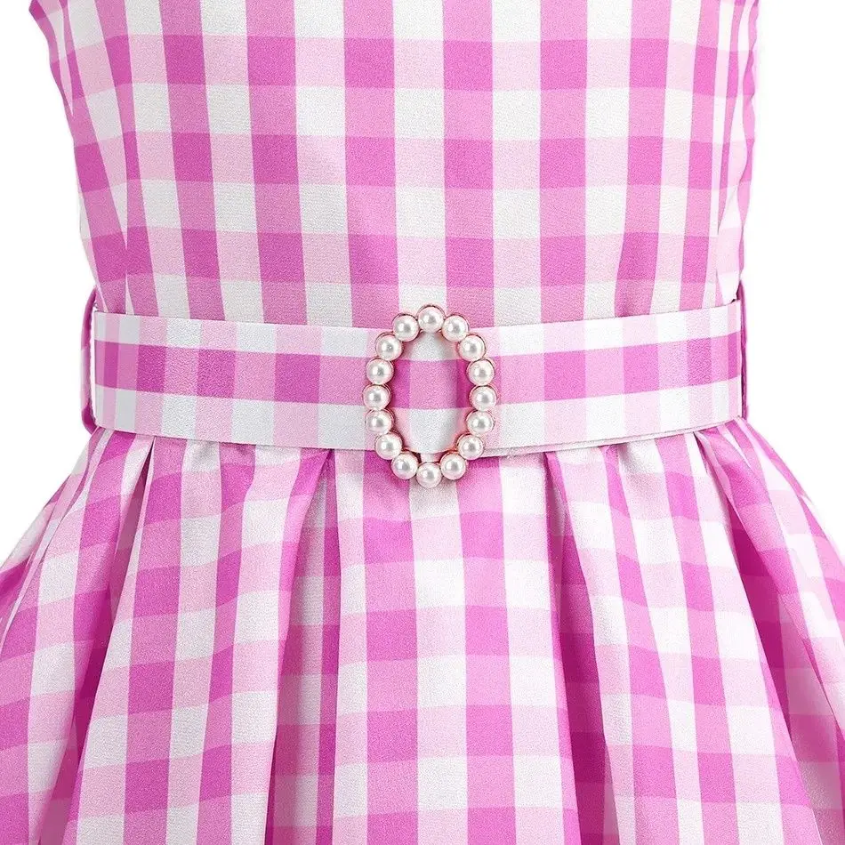 Novo verão praia listra bonito rosa barbi suspender casual vestido barbi para menina cosplay filme clássico vestido margot saia com cinto