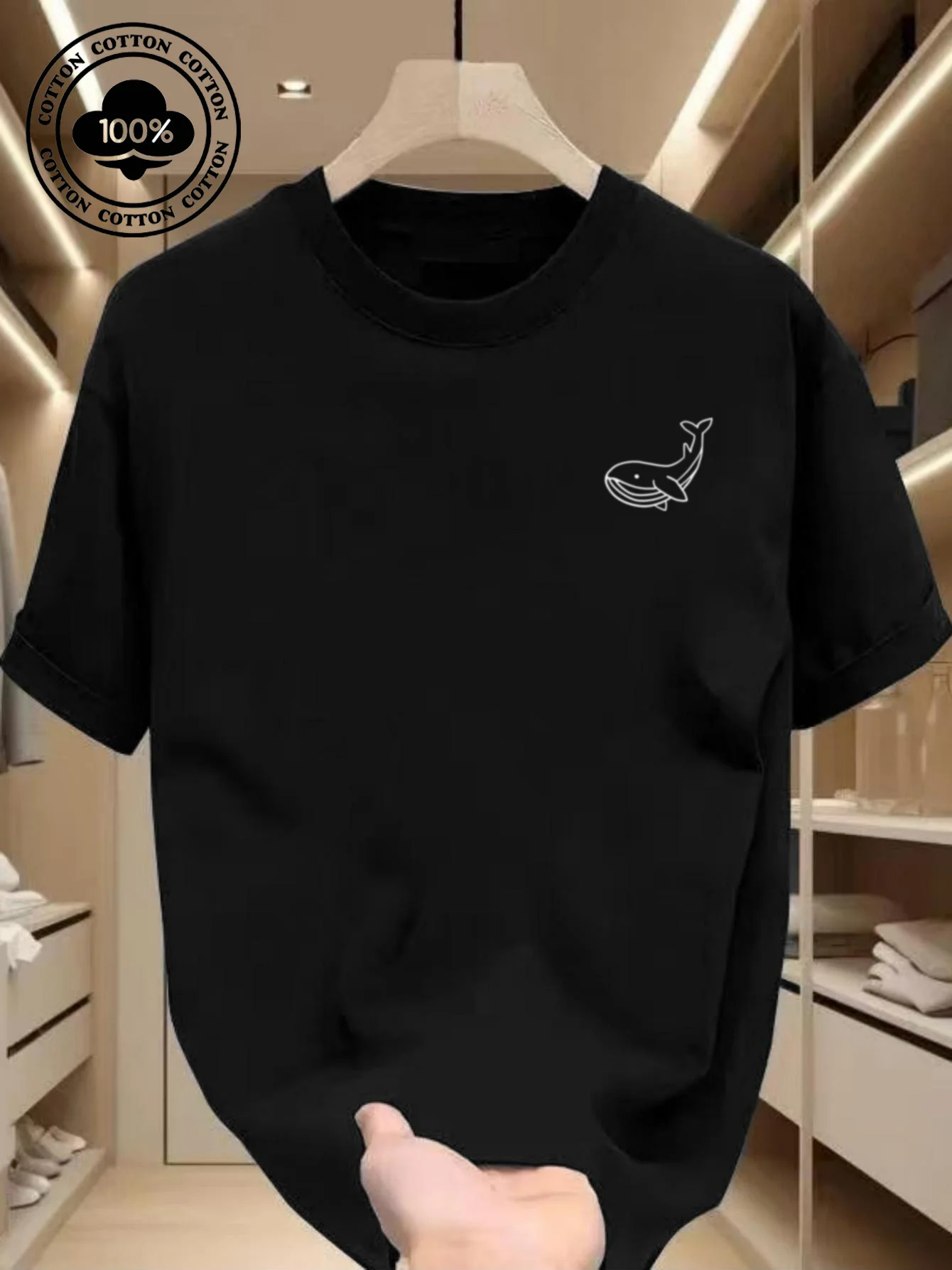 Men's Summer 100 Cotton Fashionable Casual Sports Loose Large Whale Pattern Printed Round Neck Short Sleeve T-shirt Top
