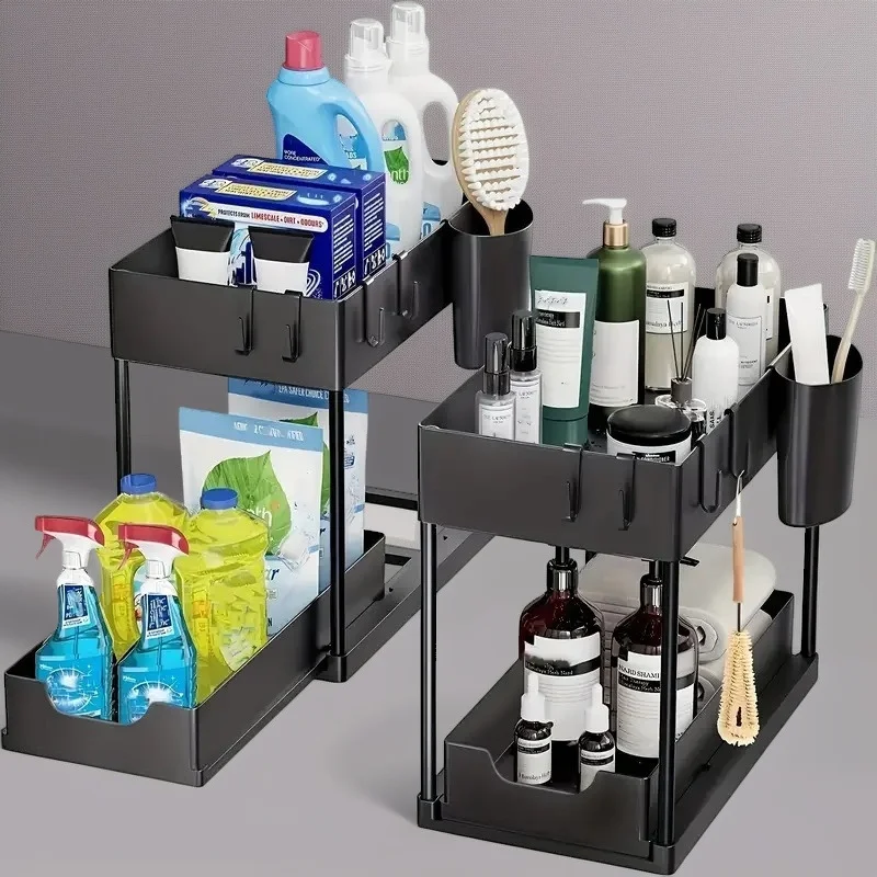 

Органайзер под раковину, 2-уровневая выдвижная полка для хранения, съемная полка для кухни, ванной комнаты, экономия места, органайзер для столешницы