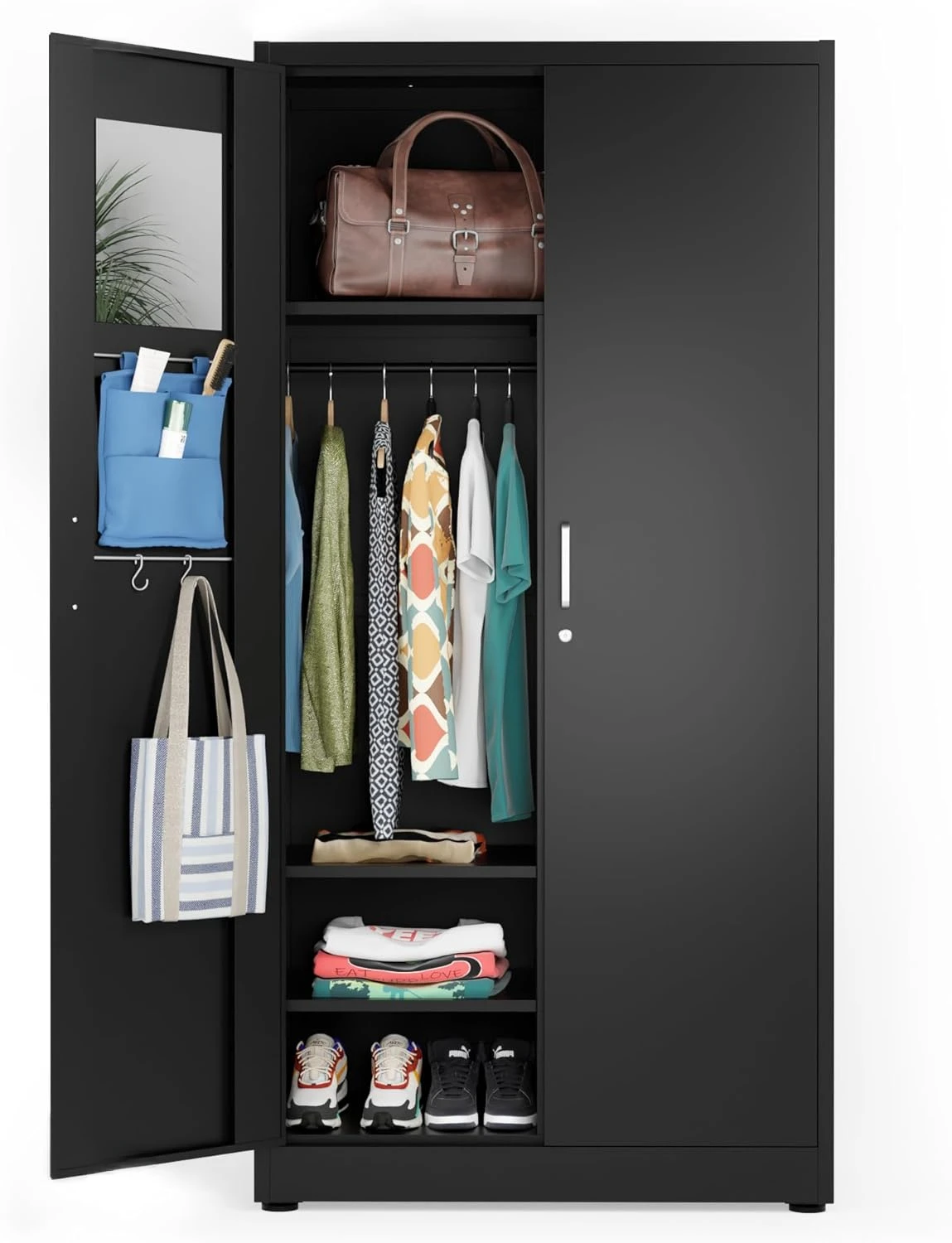 Cabinet Wardrobe - Metal Storage Locker with Locking Doors, Adjustable Shelf Height & Position, Removable Hanging Rods