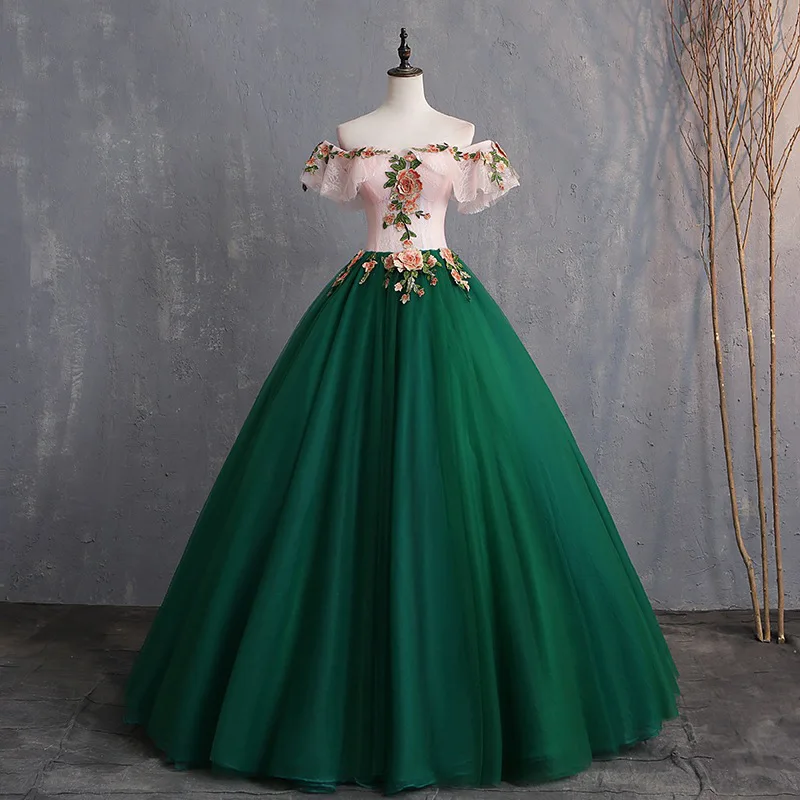 

Color Blocking Rose Green Evening Gown With Deep V-neck Short Sleeves Colorful Gauze Banquet Fashion Puffy Dresses 2024