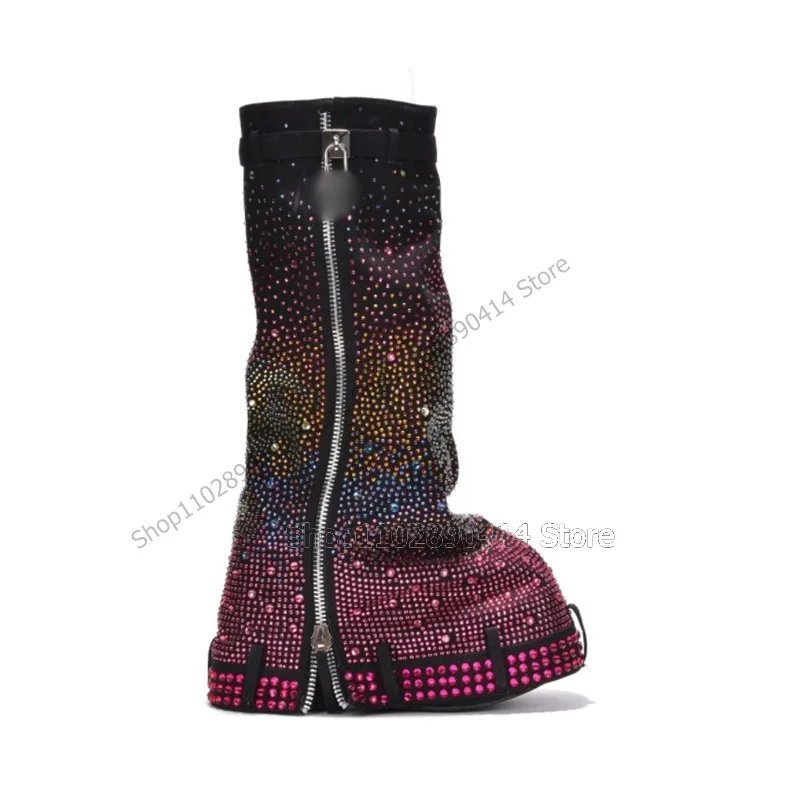 Mixed Color Rhinestone Decor Thick Bottom Boots Side Zipper Women Shoes Height Increasing New Fashion 2023 Zapatos Para Mujere