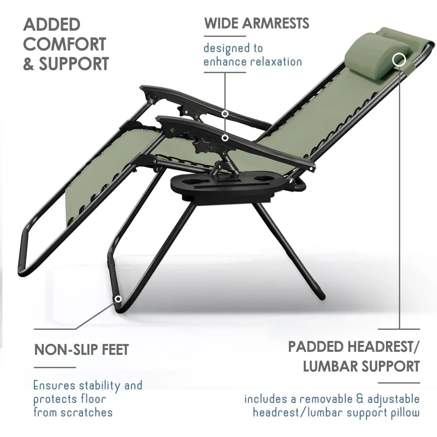 Кресло для отдыха с нулевой гравитацией, кресло для патио с удобной подушкой и боковым подносом — отдых на свежем воздухе для бассейна, сада, заднего двора