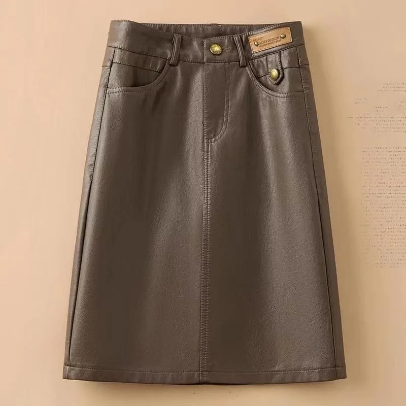 Women's Autumn Winter New Fashion Elegant Solid Color Pocket Button Casual Versatile High Waist A-line Half Length Leather Skirt