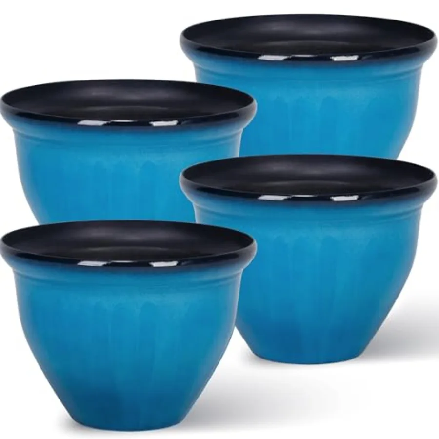 

Garden 12-Inch Dia. Round Plastic Planters with Drain Holes, 9.5-Inch Height - 4-Pack Glossy Finish Bell-Shaped Plant Pot Light
