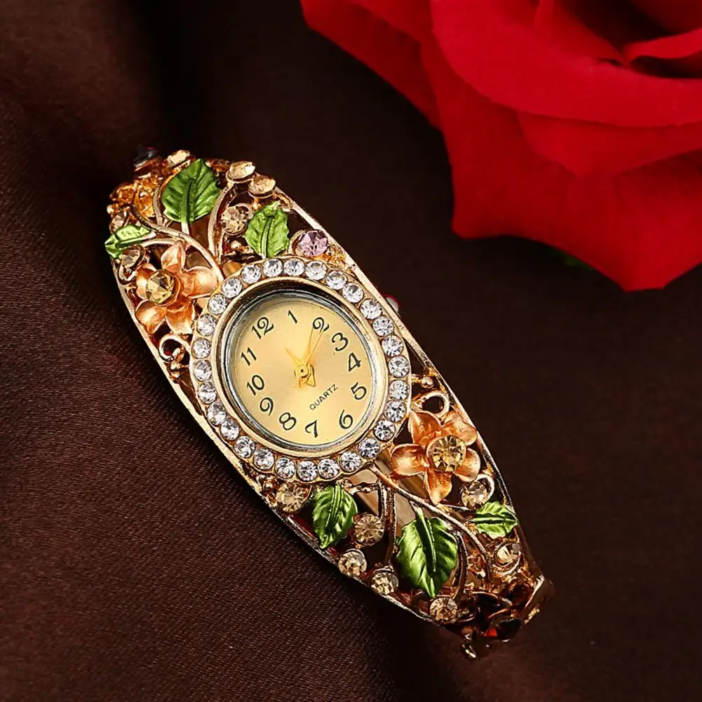 Women Flower Bangle Watch Rhinestone Round Dial Quartz Movement Classic Formal Dress Wide Bangle Wristwatch Fashion Jewelry