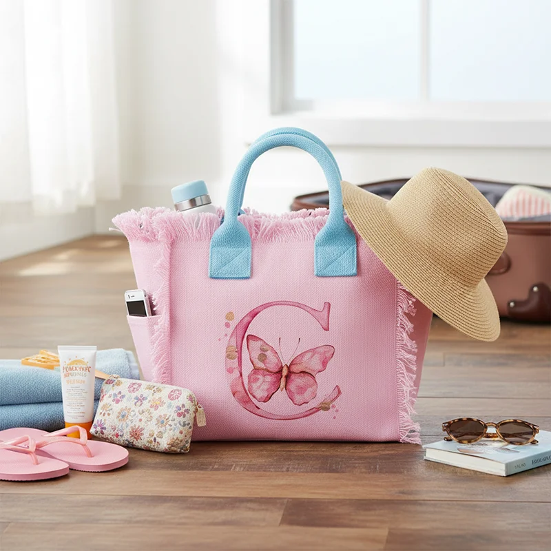 Borsa tote casual da donna in tela rosa e blu con borsa da spiaggia con nappa con stampa di lettere a farfalla, indispensabile per un elegante accessorio da spiaggia