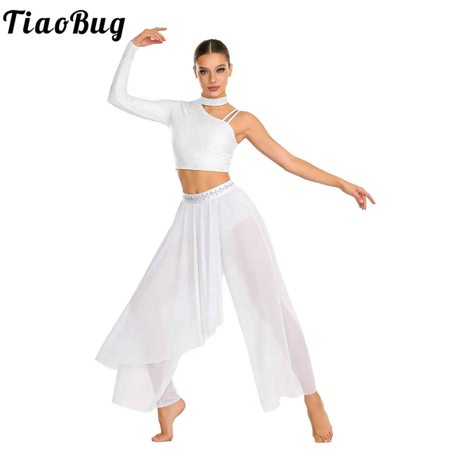 

Women Lyrical Modern Dance Costume Skating Ballet Dance Set Asymmetrical Rhinestone Crop Top And Irregular Built-in Briefs Pants