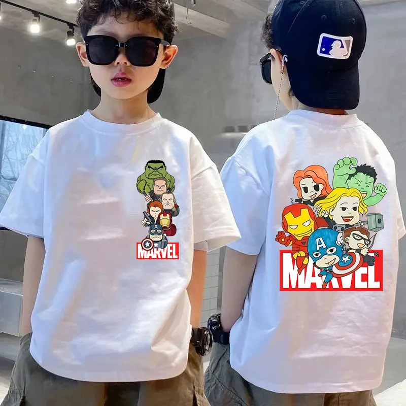 Camiseta de algodón informal con dibujos de Marvel, camiseta cómoda de superhéroes para niños y niñas, Top de manga corta con cuello redondo para niños de verano