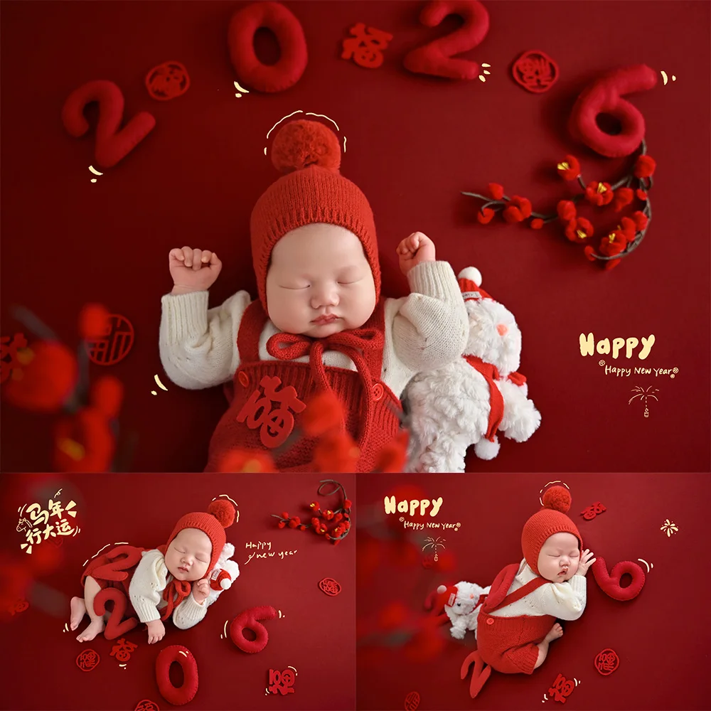 

Red Lucky Theme Newborn Photography Props Baby New Year Costume Set Bunny Doll 2026 Number Decor for Studio Baby Milestone Shoot