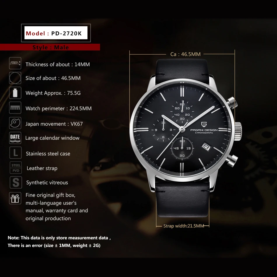 PAGANI DESIGN นาฬิกาควอตซ์อัตโนมัติทหารกีฬา Chronograph สแตนเลสนาฬิกากันน้ํา Reloj Hombre PD2720