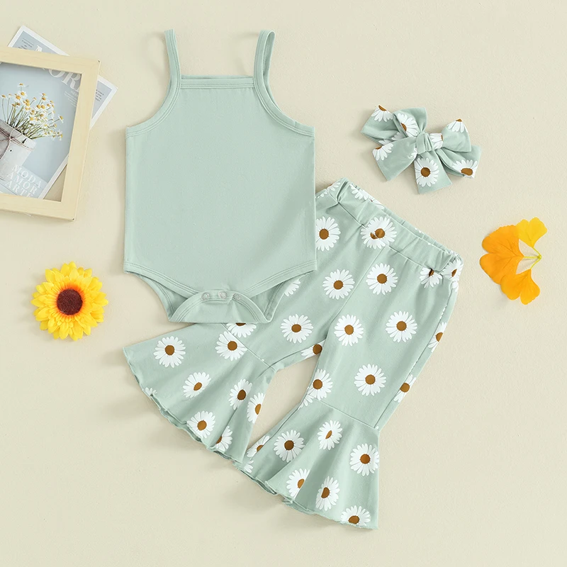 Baby Clothing Girls Summer Newborn Infant Sleeveless Romper with Flower Print Flare Pants and Headband 3Pcs Outfits Clothes