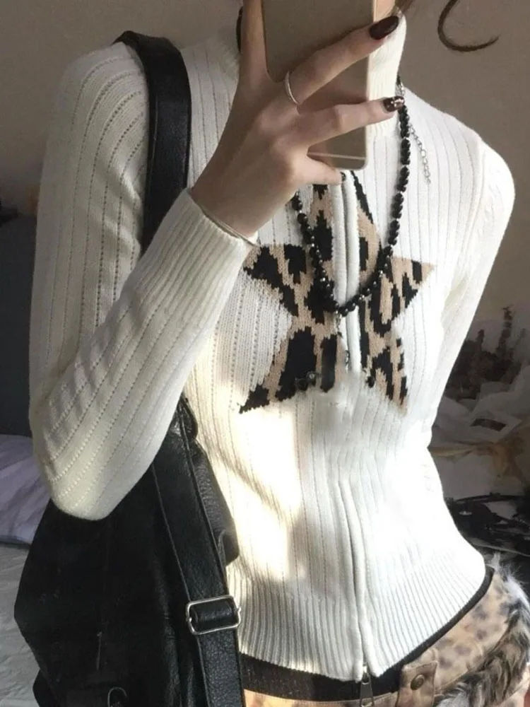 

Японские винтажные свитера со звездами и леопардовым принтом, весенне-осеннее вязаное пальто, женские субкультурные топы в стиле гранж Y2k Mujer